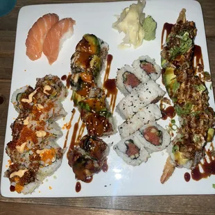 Left to right: Salmon Nigiri, California Deluxe Roll, Black Tiger Roll, Spicy Tuna Roll, Sasquatch Roll