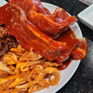 Spicy bulgogi, spicy pork belly and spicy short ribs