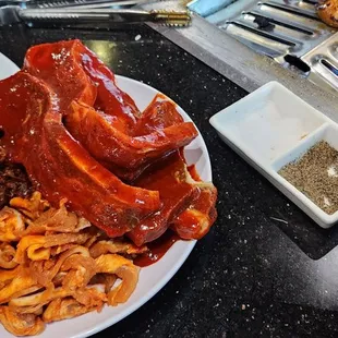 Spicy bulgogi, spicy pork belly and spicy short ribs