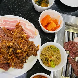 Meat and Banchan. The Kimchi was really good!