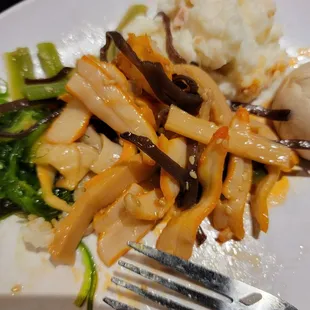 Seafood salad, seaweed, potato salad