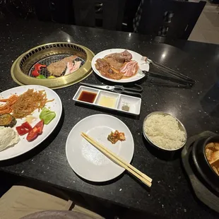 Lunch spread, veggie pancake not pictured.