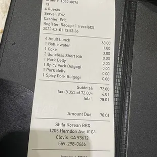 Great price for $17 for AYCE! $1 for Costco bottled water, they don't have free water. Fountain soda (I drank coke) was $3