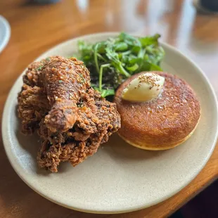 Buttermilk fried Amish chicken with hoe cake