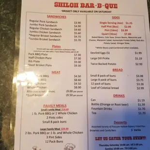 the menu for shiloh bar - b - que
