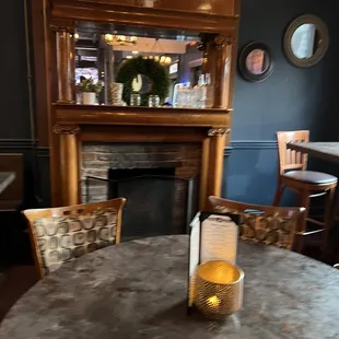 a fireplace in a restaurant