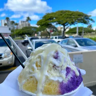 Ube &amp; Creme Brulee with condensed milk and haupia drizzle