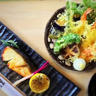 Assorted tempura and Grilled Saikyo Miso Cod. Traditional Japanese foods.