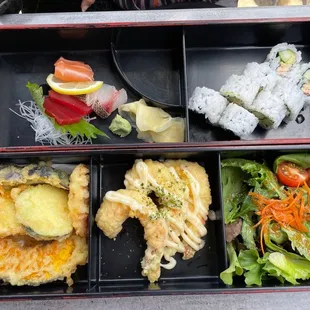 Bento box with tempura and California Roll