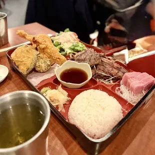 Bento bbq ribs, tempura and sashimi