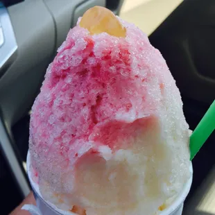 Just exactly the way I LOVE my snow one: light on the raspberry juice with cream &amp; a gummy bear on top. The BEST!