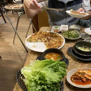 Korean pancake and side dishes