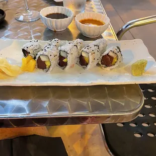 Salmon (switched to tuna) mango roll. With special spicy sauce and eel sauce