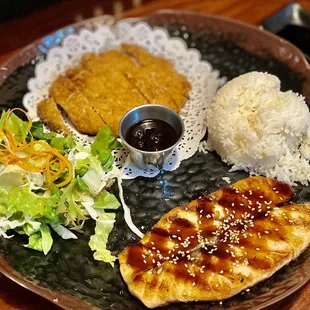 Combination with grilled salmon and pork cutlet