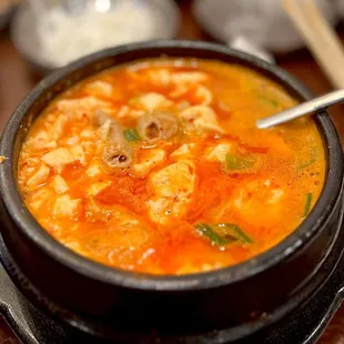 Piping hot beef intestine tofu soup