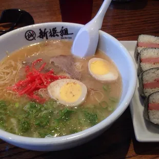 Lunch special ramen $7.50 with combo.  Thick broth, thick oil, thick noodles.  Spam misubi