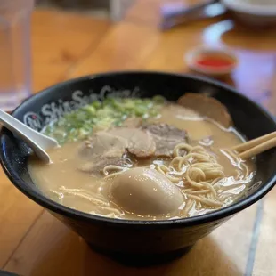 Hakata Ramen w extra 2 pieces of chashu (from my friends bowl) and add-on soft boiled ramen egg
