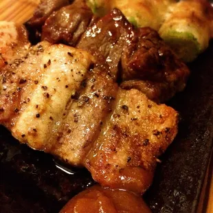 Thick cut pork belly w/miso, Short rib w/radish ponzu sauce, Asparagus wrapped with pork belly