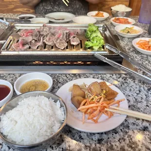 a variety of food items on a table