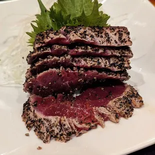 Pepper tuna (blue fin). Comes with soy dressing