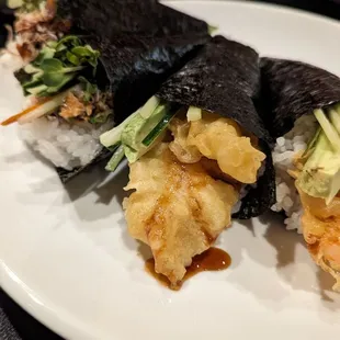Salmon skin hand rolls and shrimp tempura hand rolls