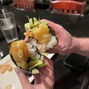 Shrimp tempura hand rolls