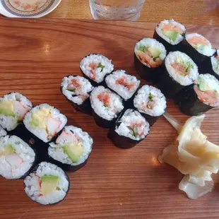 Maki dinner: California, umeboshi, and Alaska rolls