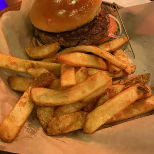 All American burger no cheese and steak fries
