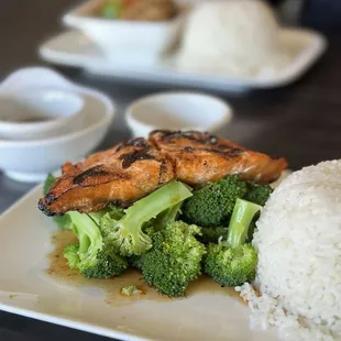 Garlic Salmon lunch special w broccoli  is a great meal to make you full.
