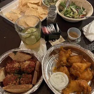 Spinach artichoke dip , awesome salad , wings and meatballs