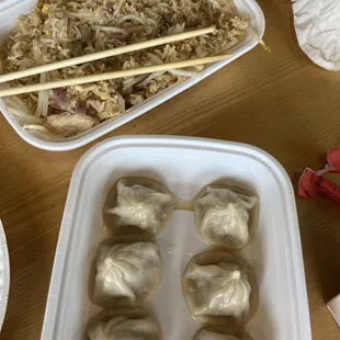 Fried rice with chicken and tofu and Home Made Pork And Cabbage Dumplings