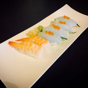 Ika sushi with Tobiko and Ebi sushi