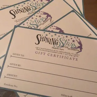 Gift certificates are available in any denomination to be used toward tuition, merchandise, and qualifying recital fees.