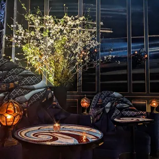 a living room with a couch and a table