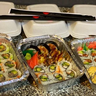 a variety of sushi dishes