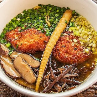 Chicken Shoyu Ramen with a clear chicken broth and chicken tskune patty