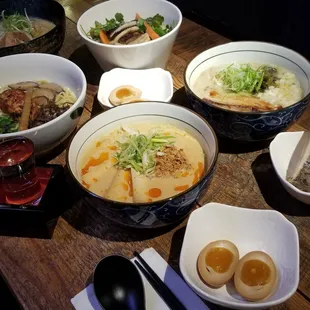 Five delicious ramen choices: 14-hr Shinka Tonkotsu,  Beef Bone Marrow Gyukotsu, Chicken Shoyu, Smoked Duck, and Miso Soy Milk