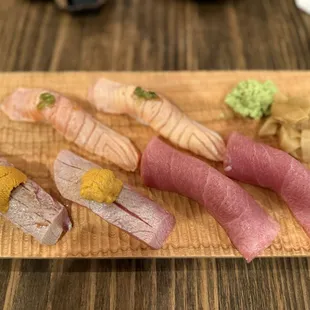 Seared Sake Toro (top), Toro w/ Uni (bottom left), Blue FinnO Toro (bottom right)