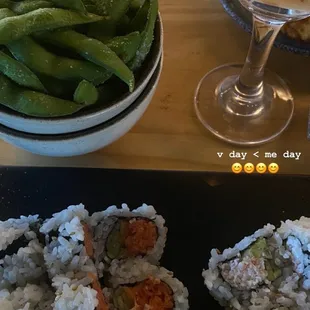 Edamame, Spicy Salmon, California Roll