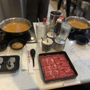 AYCE- Spicy Miso Broth , White Shrimp, Chuck Steak, and brown rice.