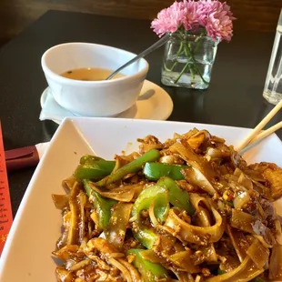 Drunken Noodle; mild w chicken. BTW: flowers are at every table emitting a subtle aroma of peace and awesomeness. Adore this place!