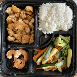 Chicken teriyaki with plain rice and shrimp
