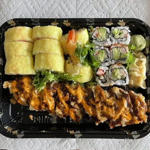 Little delicious roll (top left), Miso surprise (bottom) and California roll (top right)