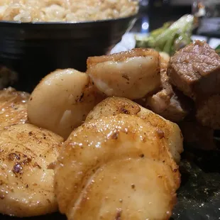 Seared scallops what's more important they didn't slice them in half like some restaurants.