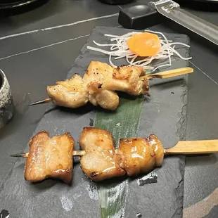 Pork belly and chicken thigh skewers