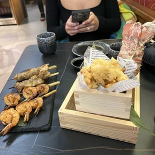Chicken thigh skewer, shrimp skewer, lobster tempura