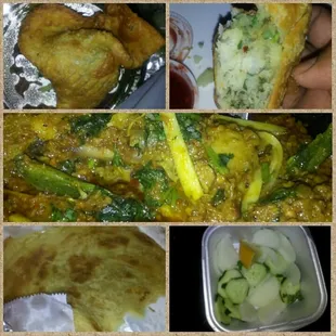 Samosa,  Samosa inside,  Karahi chicken,  parota &amp; salad (free).