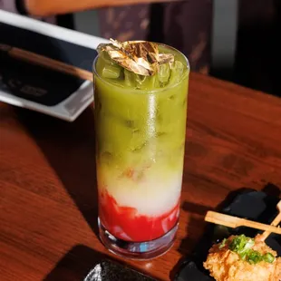 Strawberry Matcha Sake Cocktail with Lychee Jelly + Gold Flakes