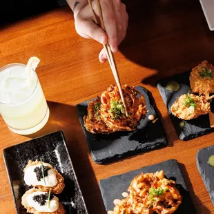 panko fried oysters with caviar + vegetable fritters