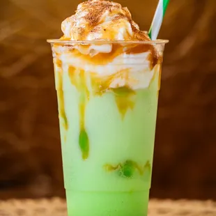 Apple Caramel Cream Soda -- special seasonal drink featuring a green apple soda topped with house made caramel whipped cream